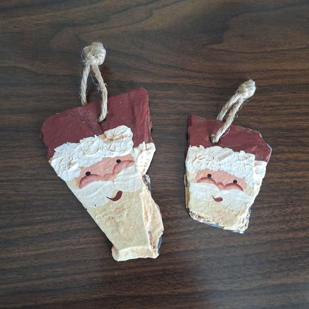 Hand Painted Santa Claus Slate Stone Christmas Ornaments Set of 2 Red White